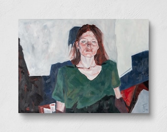 Oeuvre d&#39;art contemporaine faite à la main à l&#39;huile - Décoration murale originale d&#39;une femme réfléchie dans les ombres et lumières