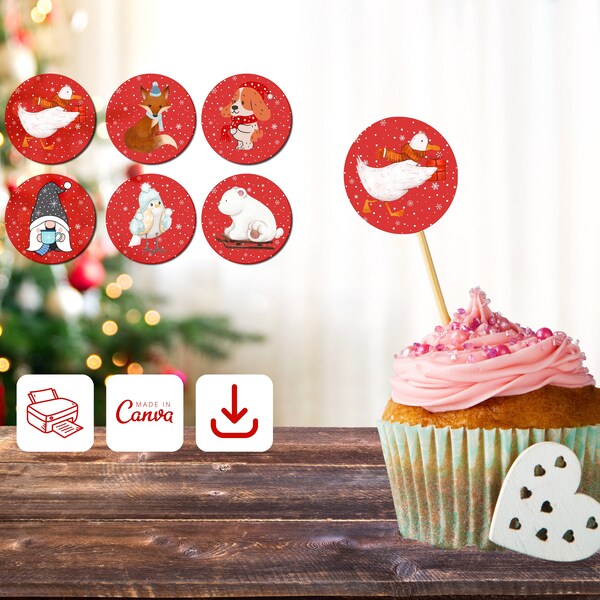 Christmas' Cupcake Toppers, Winter Party Decorations, Elegant Template, Virtual Toppers, Instant Download, Easy Printable