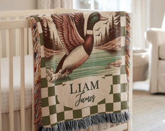 Mallard Duck Baby Blanket, Duck Hunting Nursery, Checkerboard Blanket, Baby Name Woven Throw Blanket, Woodland Baby Blanket, Baby Boy Gift