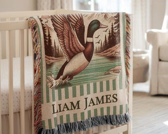 Personalized Mallard Duck Baby Blanket Mallard Hunting Name Blanket Custom Woven Throw for Boys Baby Shower Gift Woodland Kids Blanket Cozy