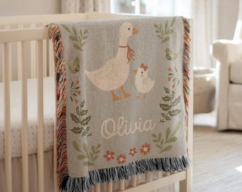 Goose Baby Blanket, Personalized Baby Blanket, Custom Baby Name Blanket, Heirloom Blanket, Baby Shower Gift, Newborn Keepsake, Nursery Decor