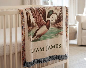 Mallard Duck Baby Name Blanket, Mallard Duck Nursery Gift, Hunting Cotton Woven Quilt, Woodland Baby Blanket, Baby Shower Gift For Boy, Cozy
