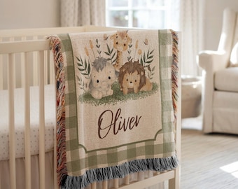 Personalized Safari Baby Blanket, Custom Name Baby Blanket, Safari Nursery Newborn Blanket Safari Animals Baby Name Blanket Baby Shower Gift