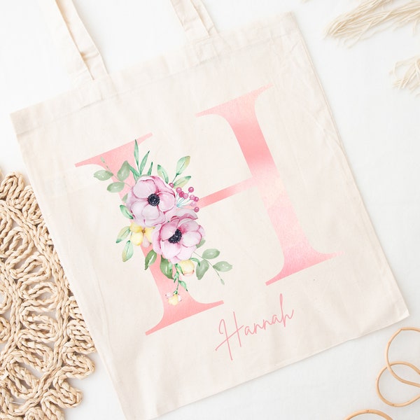 Floral Letter Tote Bag, Bride Tote Bag, Bridesmaid Tote Bag, Name Tote Bag, Totebag, Bridesmaid Tote, Monogram Tote Bag, Initial Tote Bag