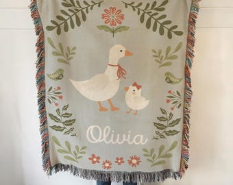 Goose Baby Blanket, Personalized Baby Blanket, Custom Baby Name Blanket, Heirloom Blanket, Baby Shower Gift, Newborn Keepsake, Nursery Decor