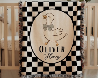 Goose Baby Blanket Boy with Name, Baby Name Woven Throw Blanket, Checkered Blanket Personalized Goose Nursery Decorations, Heirloom Blanket