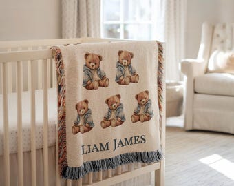 Custom Name Teddy Bear Blanket, Personalized Baby Blanket Boy, Bear Baby Blanket, Baby Shower Gift, Newborn Nursery Decor, Heirloom Blanket