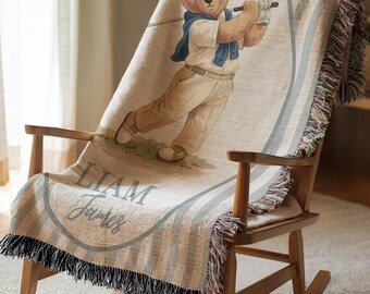 Vintage Golf Nursery Decor Bear Baby Blanket Personalized Baby Boy Blanket Custom Baby Name Blanket Golfer Boy Baby Shower Gift Keepsake