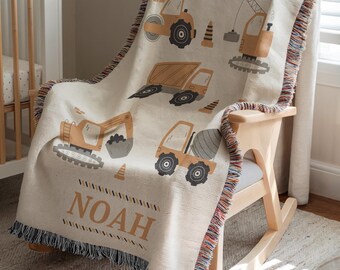Personalized Construction Truck Baby Blanket, Baby Or Kids Name, Truck Baby Boy Blanket, Construction Nursery Decor, Baby Shower Gift, Cozy