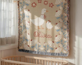 Goose Baby Blanket Girl Baby Name Woven Throw Blanket Custom Baby Name Blanket Goose Theme Nursery Personalized Baby Gift Newborn Keepsake