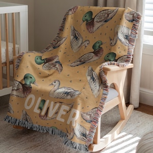 Mallard Duck Baby Blanket, Personalized Baby Name Blanket, Woodland Baby Blanket, Custom Woven Blanket, Baby Shower Gift, Newborn Keepsake