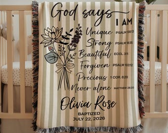 God Says I Am Baptism Blanket Birthflower Christening Blanket for Girl Personalized Baby Name & Date Blanket Baby Shower Gift Birth Flower
