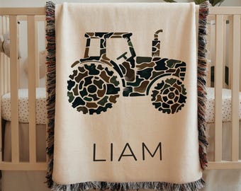 Personalized Camo Tractor Blanket Baby Or Kids Name Farm Nursery Decor Baby Shower Gift Tractor Blanket Boy Custom Baby Blanket Woven Cotton