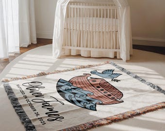 Custom Christian Baby Gift with Name & Date, Noah’s Ark Baby Blanket, Personalized Baptism Baby Blanket, Christening Keepsake Heirloom Throw