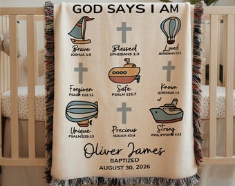 God Says I Am Baptism Blanket Transportation, Custom Christening Blanket with Cross, Personalized Baby Name & Date Blanket, Baby Shower Gift