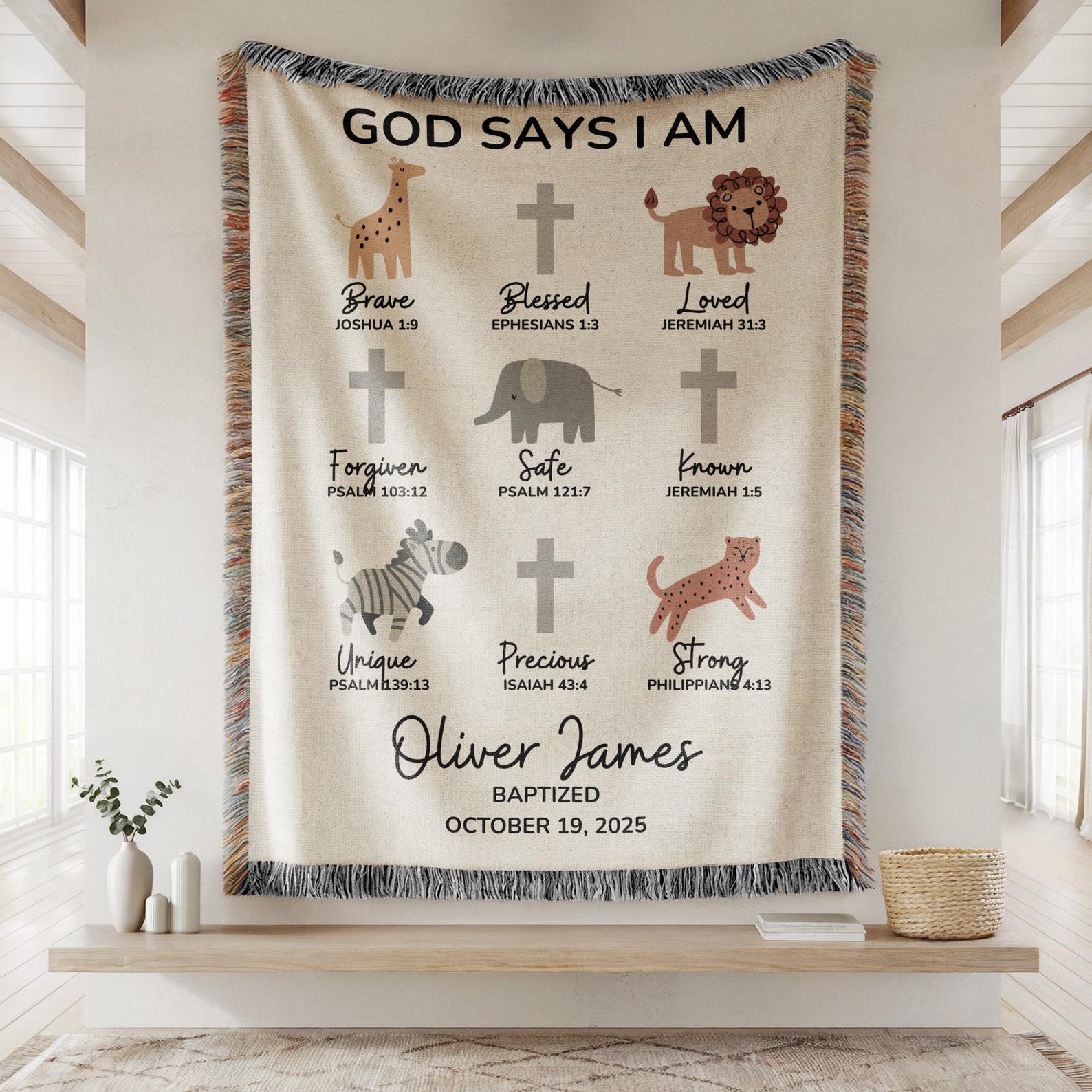 God Says I Am Baptism Blanket Safari Animals, Custom Christening Blanket with Cross, Personalized Baby Name & Date Blanket, Baby Shower Gift