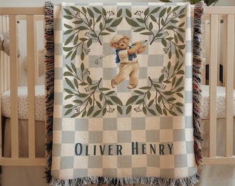 Vintage Golf Nursery Decor Bear Baby Blanket Personalized Baby Boy Blanket Custom Baby Name Blanket Golfer Boy Baby Shower Gift Keepsake