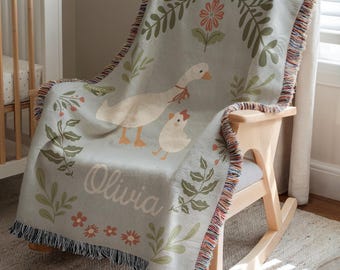 Goose Baby Blanket, Personalized Baby Blanket, Custom Baby Name Blanket, Heirloom Blanket, Baby Shower Gift, Newborn Keepsake, Nursery Decor