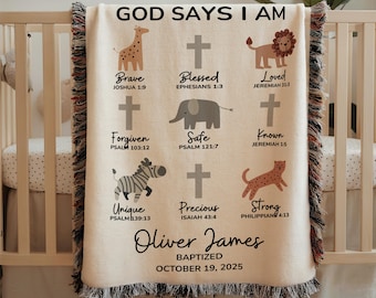 God Says I Am Baptism Blanket Safari Animals, Custom Christening Blanket with Cross, Personalized Baby Name & Date Blanket, Baby Shower Gift