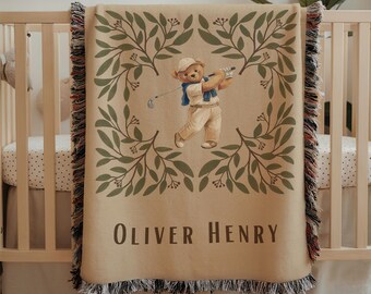 Vintage Golf Nursery Decor Bear Baby Blanket Personalized Baby Boy Blanket Custom Baby Name Blanket Golfer Boy Baby Shower Gift Keepsake