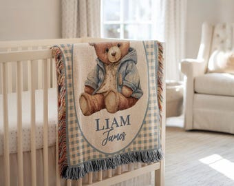Personalized Baby Blanket, Custom Name Teddy Bear Blanket, Bear Baby Blanket, Newborn Gift, Baby Shower Gift, Teddy Bear Nursery Decor
