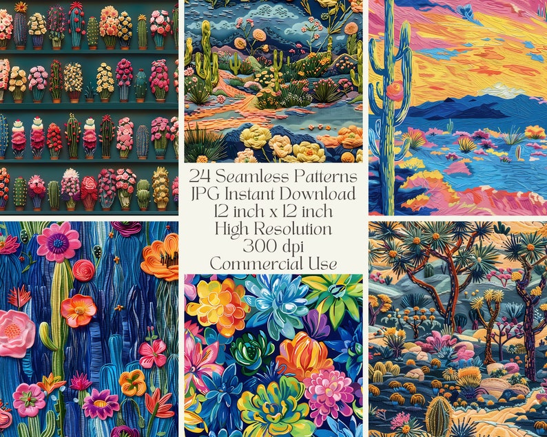 24 Embroidery Style Desert Landscape Seamless Pattern, Preppy Patterns ...
