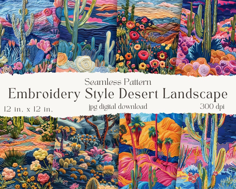24 Embroidery Style Desert Landscape Seamless Pattern, Preppy Patterns ...