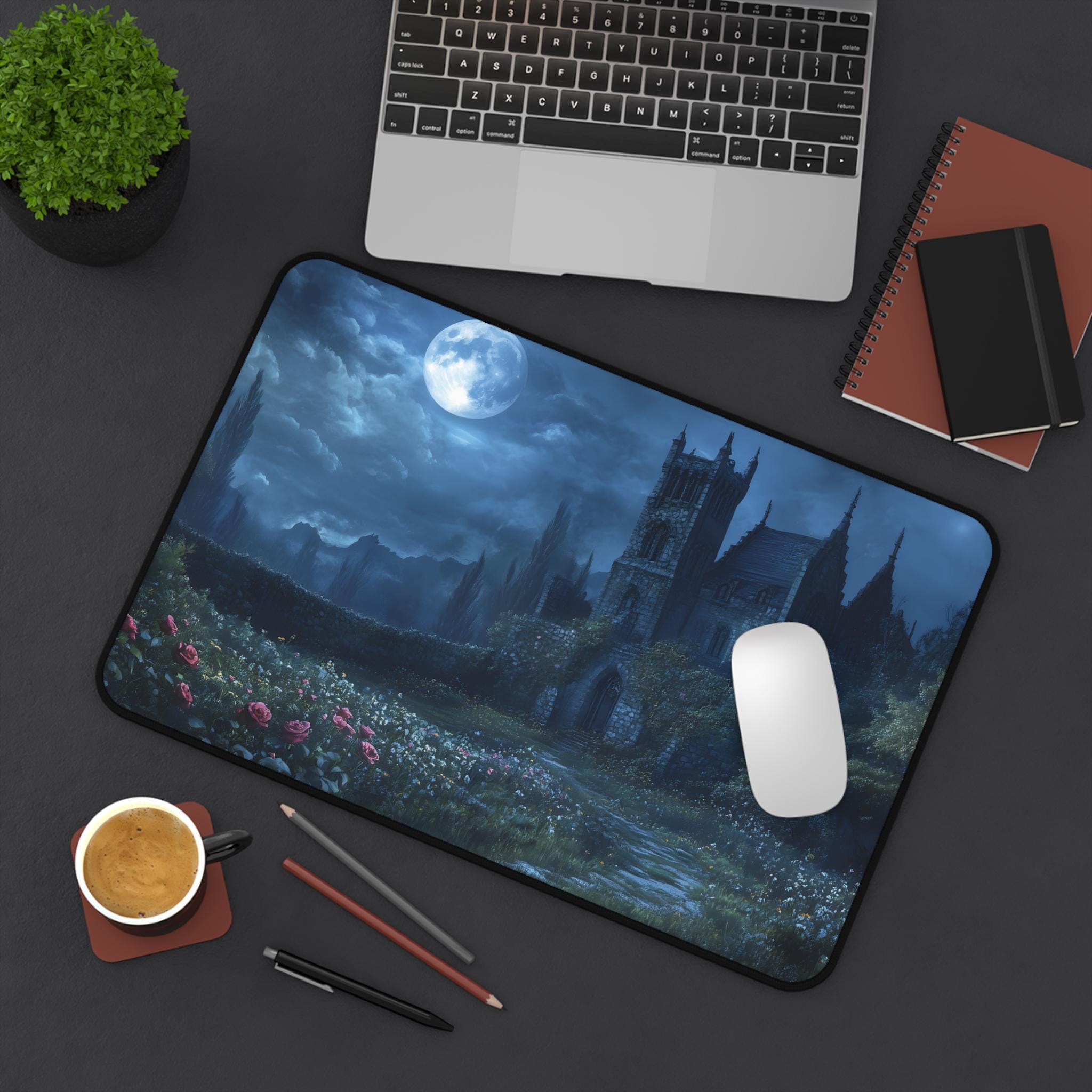Gothic Castle Desk Mat | Moonlit Fantasy Landscape Desk Pad ...
