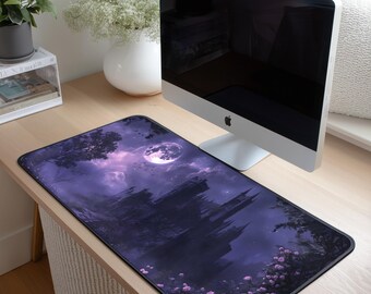 Purple Gothic Castle Desk Mat | Moonlit Castlecore Desk Pad | Dark Fantasy Office Decor | Witchy Night Landscape Desk Mat