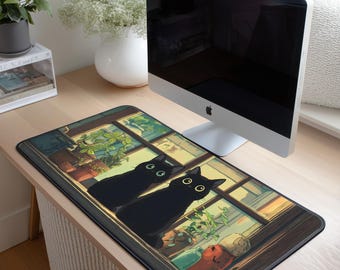 Tappetino da scrivania con gatto nero / Tappetino da scrivania con gatto nella finestra / Decorazioni per ufficio per amanti delle piante / Tappetino da scrivania con gatto kawaii