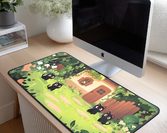 Black Cat Garden Desk Mat, Kawaii Cottagecore Gaming Pad