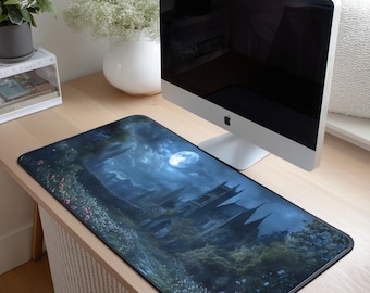 Gothic Castle Desk Mat | Moonlit Fantasy Landscape Desk Pad | Castlecore Office Decor | Dark Fantasy Desk Mat