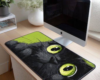 Tappetino da scrivania con gatto nero / Tappetino da scrivania con gatto dagli occhi verdi / Decorazioni per ufficio con gatti audaci / Tappetino da scrivania moderno con amante dei gatti
