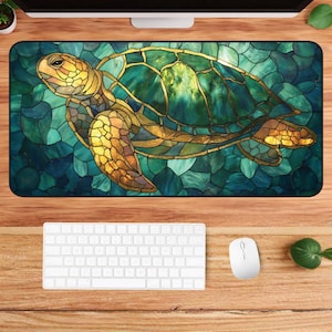 Stained Glass Sea Turtle Desk Mat | Ocean Turtle Desk Pad | Coastal Art Nouveau Office Decor | Marine Life Desk Mat