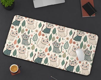 Cute Cat Desk Mat | Cozy Cat Pattern Desk Pad | Kawaii Animal Office Decor | Pastel Cat Lover Desk Mat