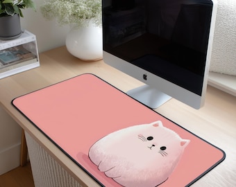Bonita alfombrilla de escritorio con diseño de gato kawaii, alfombrilla de escritorio con diseño de gato rosa pastel, decoración minimalista y adorable para oficina, accesorio de escritorio para amantes de los gatos.