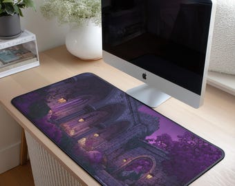 Purple Castlecore Desk Mat | Moonlit Gothic Courtyard Desk Pad | Fantasy Castle Office Decor | Romantic Night Desk Mat