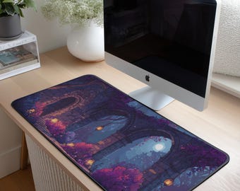Moonlit Castle Ruins Desk Mat | Enchanted Garden Castlecore Desk Pad | Fantasy Night Office Decor | Gothic Courtyard Desk Mat