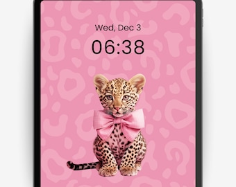 Preppy Pink Leopard iPad Wallpaper, Coquette Bow (Digital Download)