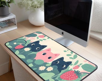 Strawberry Kittens Desk Mat, Kawaii Pastel Cat Gaming Mouse Pad