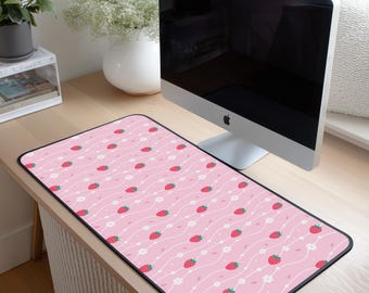 de bureau fraise | Joli bloc de bureau rose fraise | Décoration de bureau Kawaii Coquette | Tapis de bureau esthétique pastel