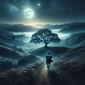 Könnte beinhalten: Eine einsame Gestalt geht einen gewundenen Pfad entlang, der zu einem großen Baum in einem nebligen Tal unter einem Vollmond und sternenklarem Himmel führt.
