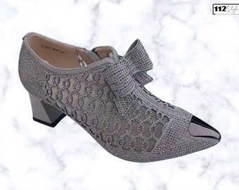 Damen-Designer-Schuhe mit hohlem Mesh-Schleife: Sommermode, Strass-Pumps mit dicken Absätzen, spitzer Zehenbereich und Reißverschluss, Designer-Partyschuhe für Damen