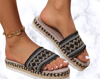 Women's Platform Slippers - Bohemian Handmade Espadrilles - Summer Beach Casual Heeled Sandals