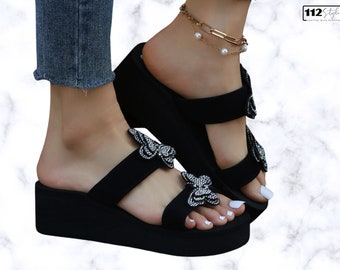 Handmade Crystal Butterfly-Knot Open Toe Wedges Heel Slippers: Women's Thick Sole Sandals, Non-Slip Platform Flip Flops - Summer Fashion