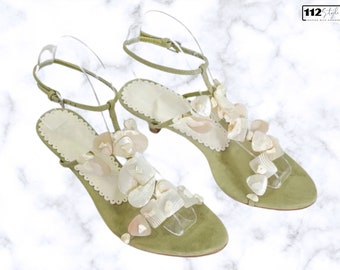 Sandales spartiates à talons moyens en cuir véritable - Stylets peu profonds pour le vent de fée, talons de chat, chaussures de soirée tendance estival pour femmes