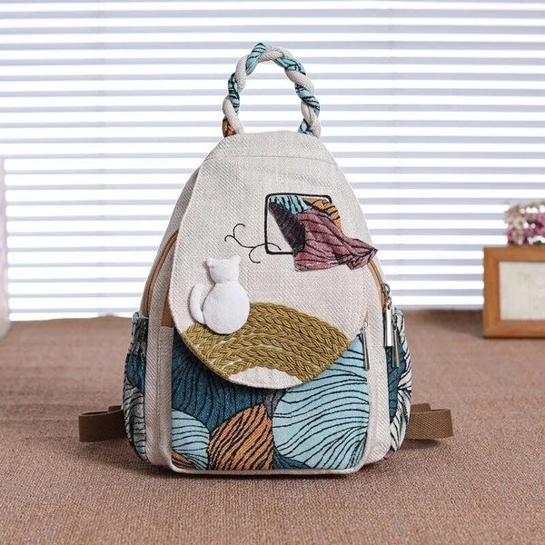 Bohemian Style Canvas Backpack: Multi-Compartment Lightweight Cat Bag for Women, Cloth Design with Zipper Closure - Mini Travel Backpack