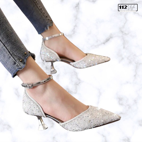 Ladies Ankle Strap Wedding Pumps: High Heel Crystal Bridal Shoes with Pointed Toe, Luxury Spring Wedding Pumps for Women - Bridal Footwear