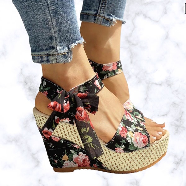 Handmade Women's Lace Leisure Wedges Sandals - Heeled Summer Sandals, Party Platform High Heels Shoes, Summer Fashion Footwear