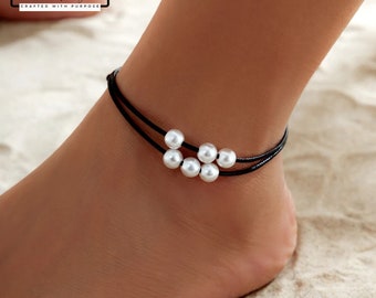 Handmade Women's Black Anklet: Adjustable Boho Style with Pearl (Beach Jewelry)